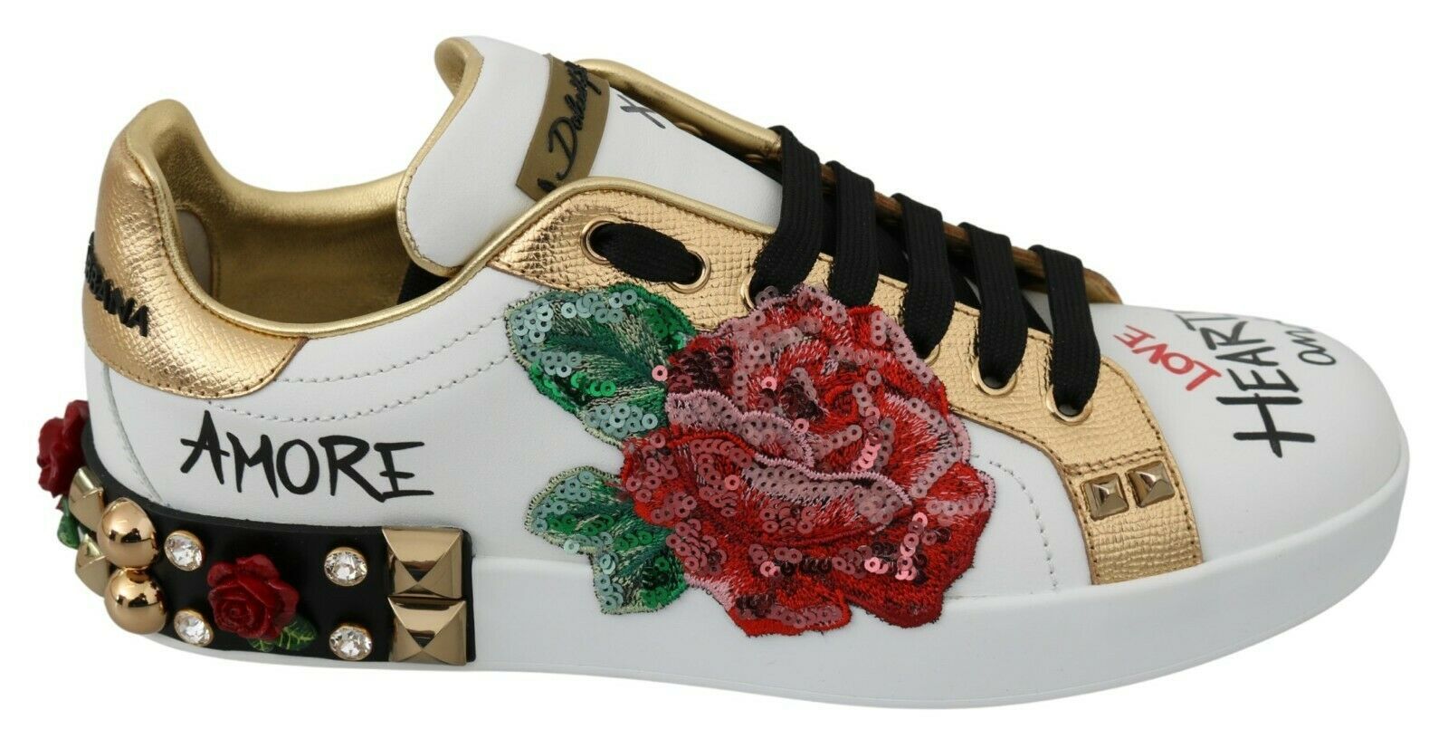 Dolce & Gabbana Weiße Rosen Pailletten Kristall Damen-Sneaker Schuhe