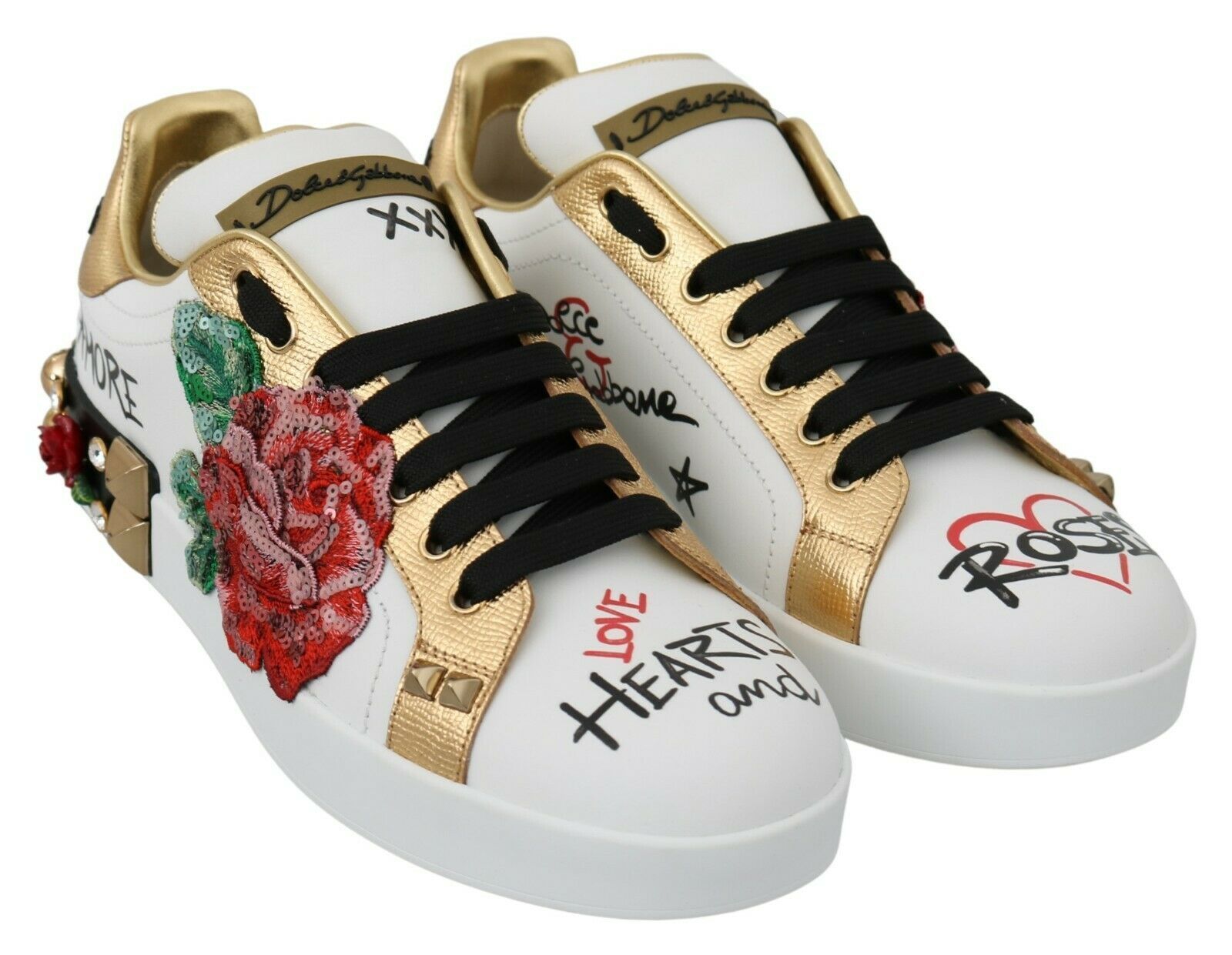 Dolce & Gabbana Weiße Rosen Pailletten Kristall Damen-Sneaker Schuhe
