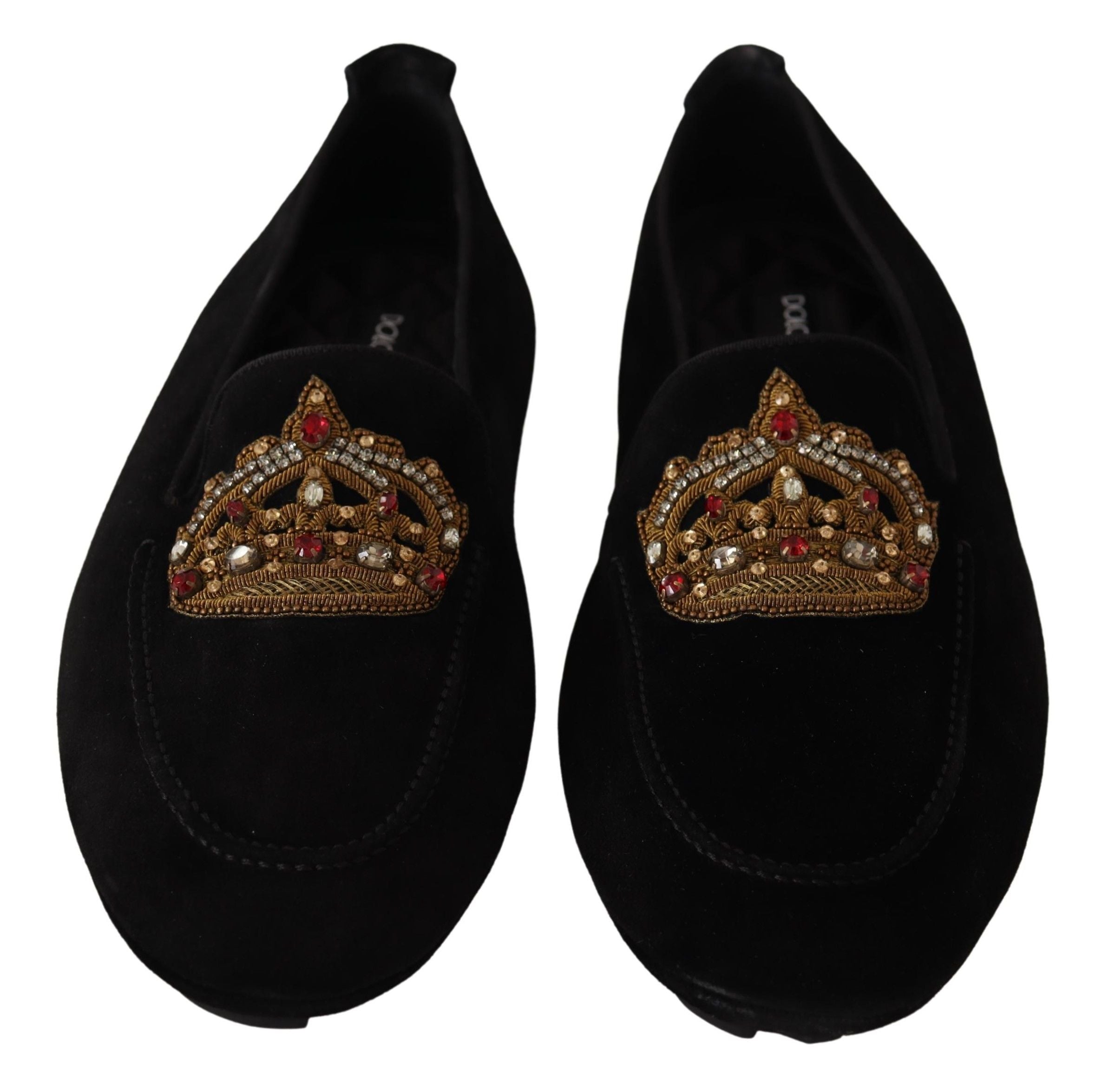 Dolce & Gabbana Schwarze Leder Crystal Gold-Kronen Slipper Schuhe