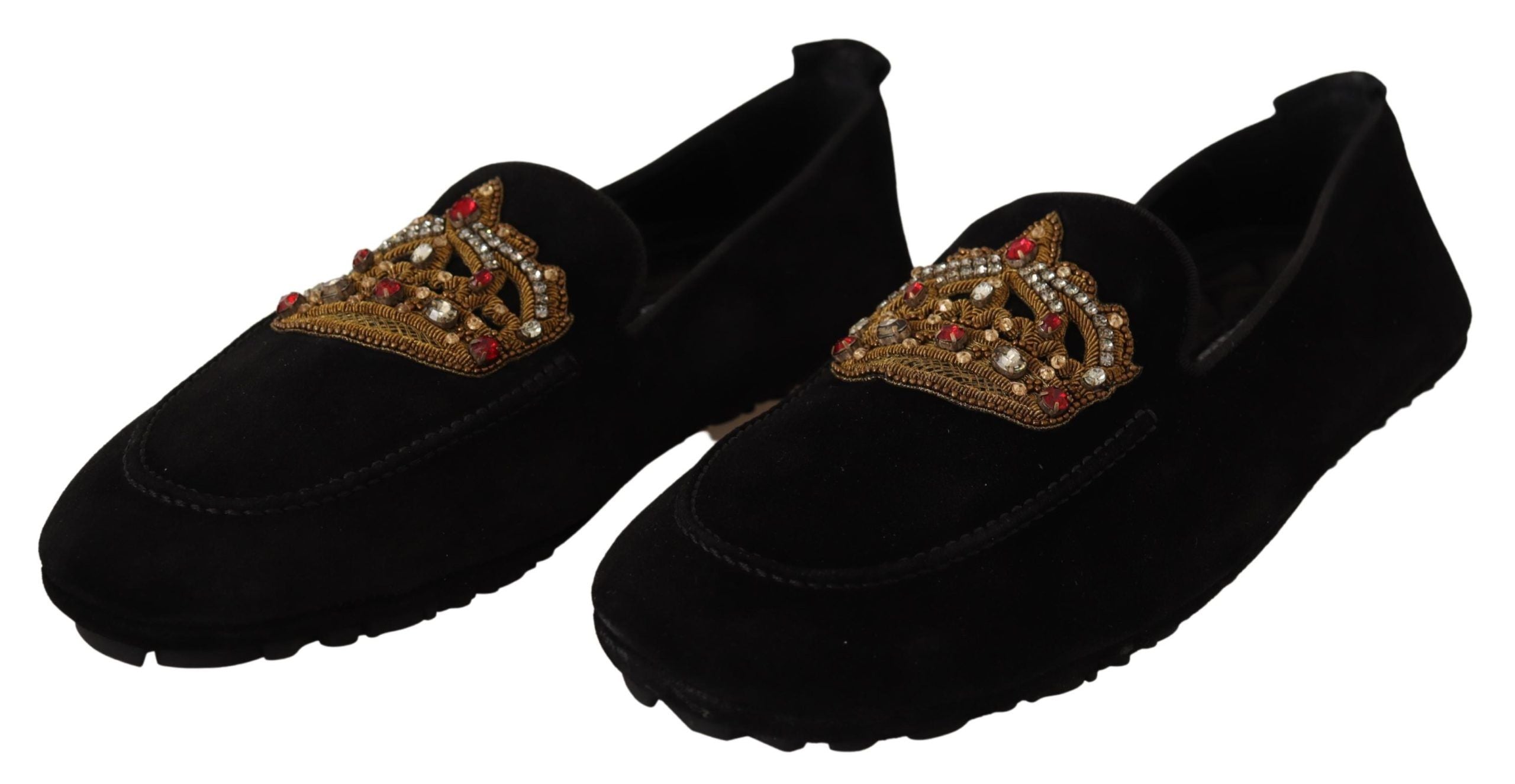 Dolce & Gabbana Schwarze Leder Crystal Gold-Kronen Slipper Schuhe