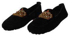 Dolce & Gabbana Schwarze Leder Crystal Gold-Kronen Slipper Schuhe