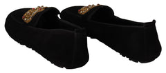 Dolce & Gabbana Schwarze Leder Crystal Gold-Kronen Slipper Schuhe