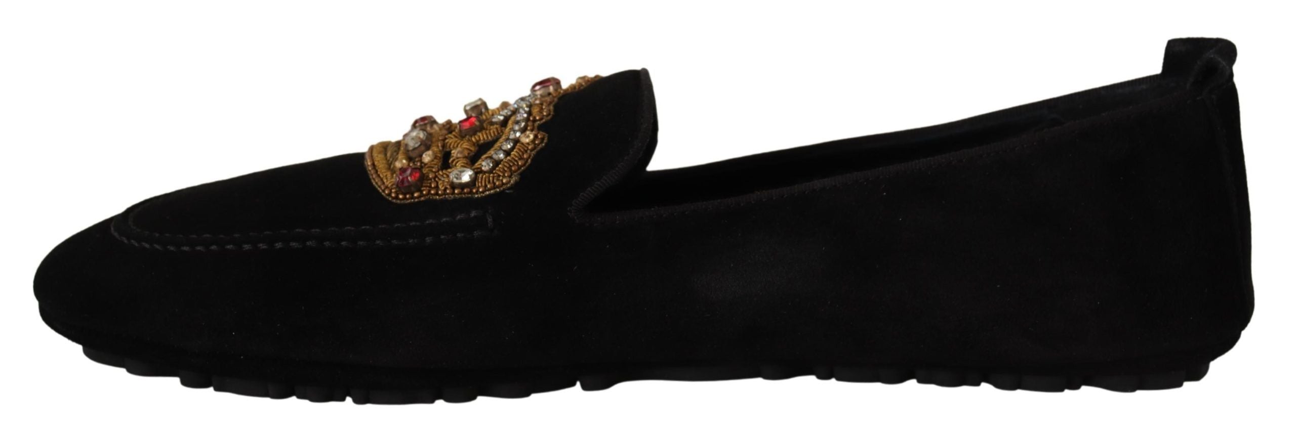 Dolce & Gabbana Schwarze Leder Crystal Gold-Kronen Slipper Schuhe