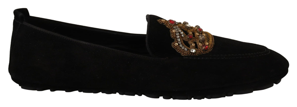 Dolce & Gabbana Schwarze Leder Crystal Gold-Kronen Slipper Schuhe