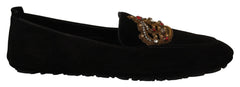 Dolce & Gabbana Schwarze Leder Crystal Gold-Kronen Slipper Schuhe