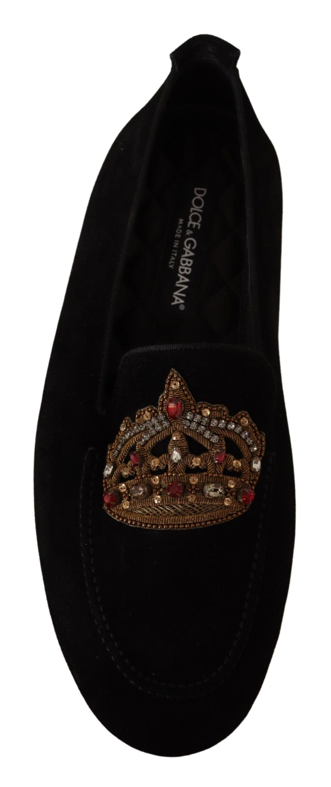 Dolce & Gabbana Schwarze Leder Crystal Gold-Kronen Slipper Schuhe