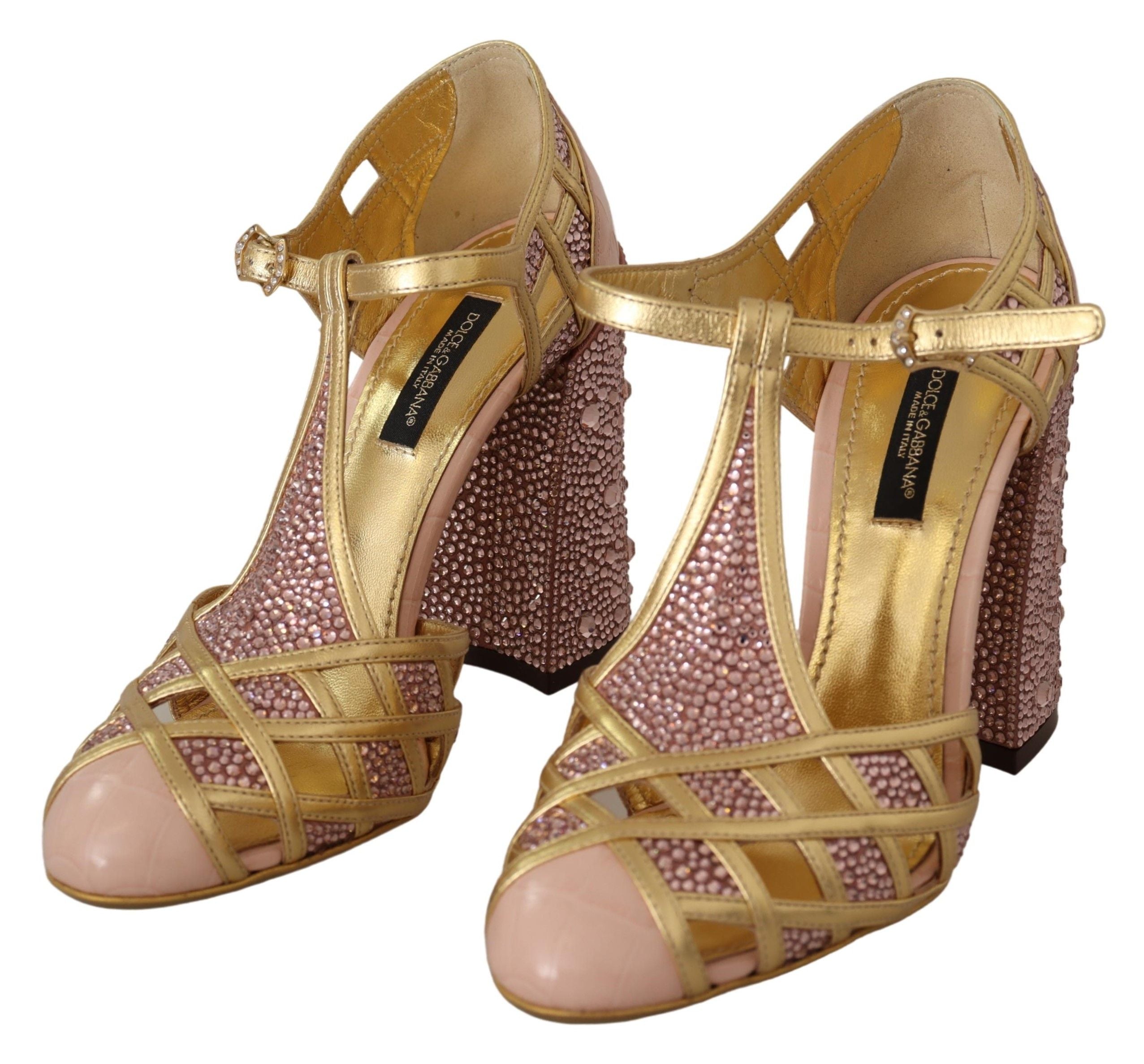 Dolce & Gabbana Pumps aus roségoldenem Leder mit Kristallen und T-Spange