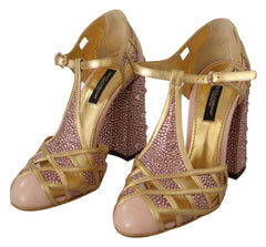 Dolce & Gabbana Pumps aus roségoldenem Leder mit Kristallen und T-Spange