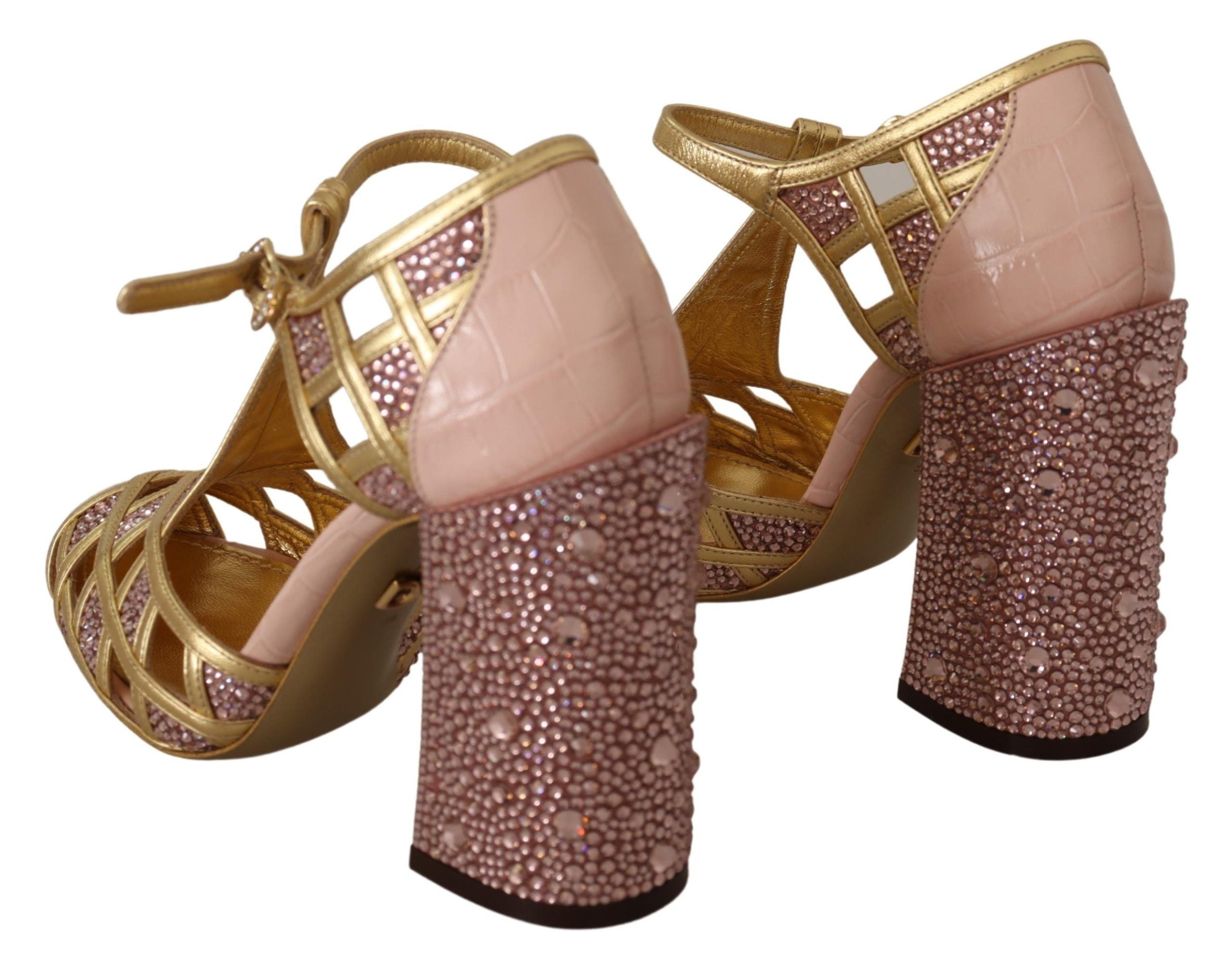 Dolce & Gabbana Pumps aus roségoldenem Leder mit Kristallen und T-Spange