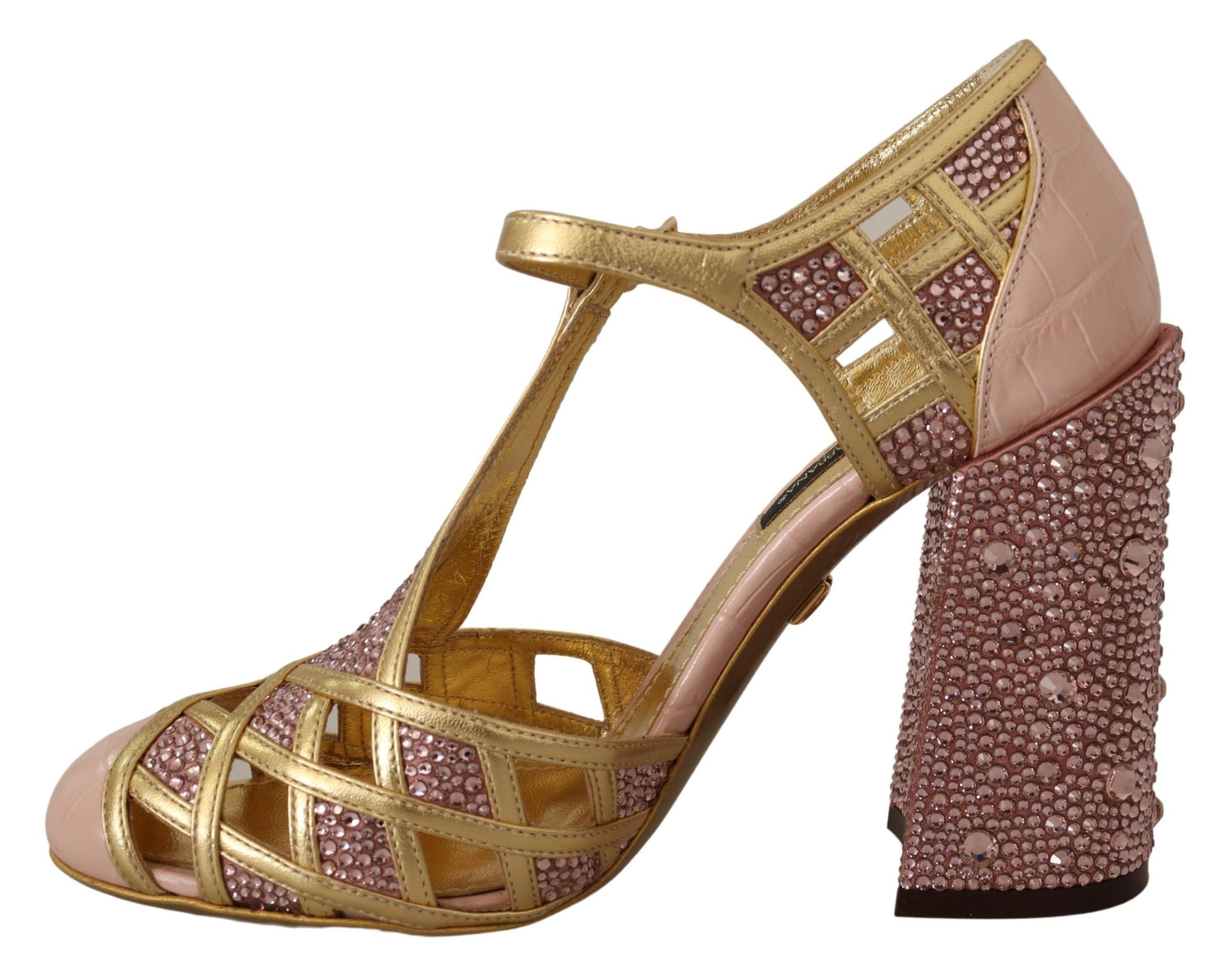 Dolce & Gabbana Pumps aus roségoldenem Leder mit Kristallen und T-Spange