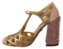 Dolce & Gabbana Pumps aus roségoldenem Leder mit Kristallen und T-Spange