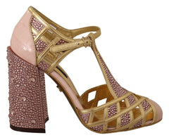 Dolce & Gabbana Pumps aus roségoldenem Leder mit Kristallen und T-Spange