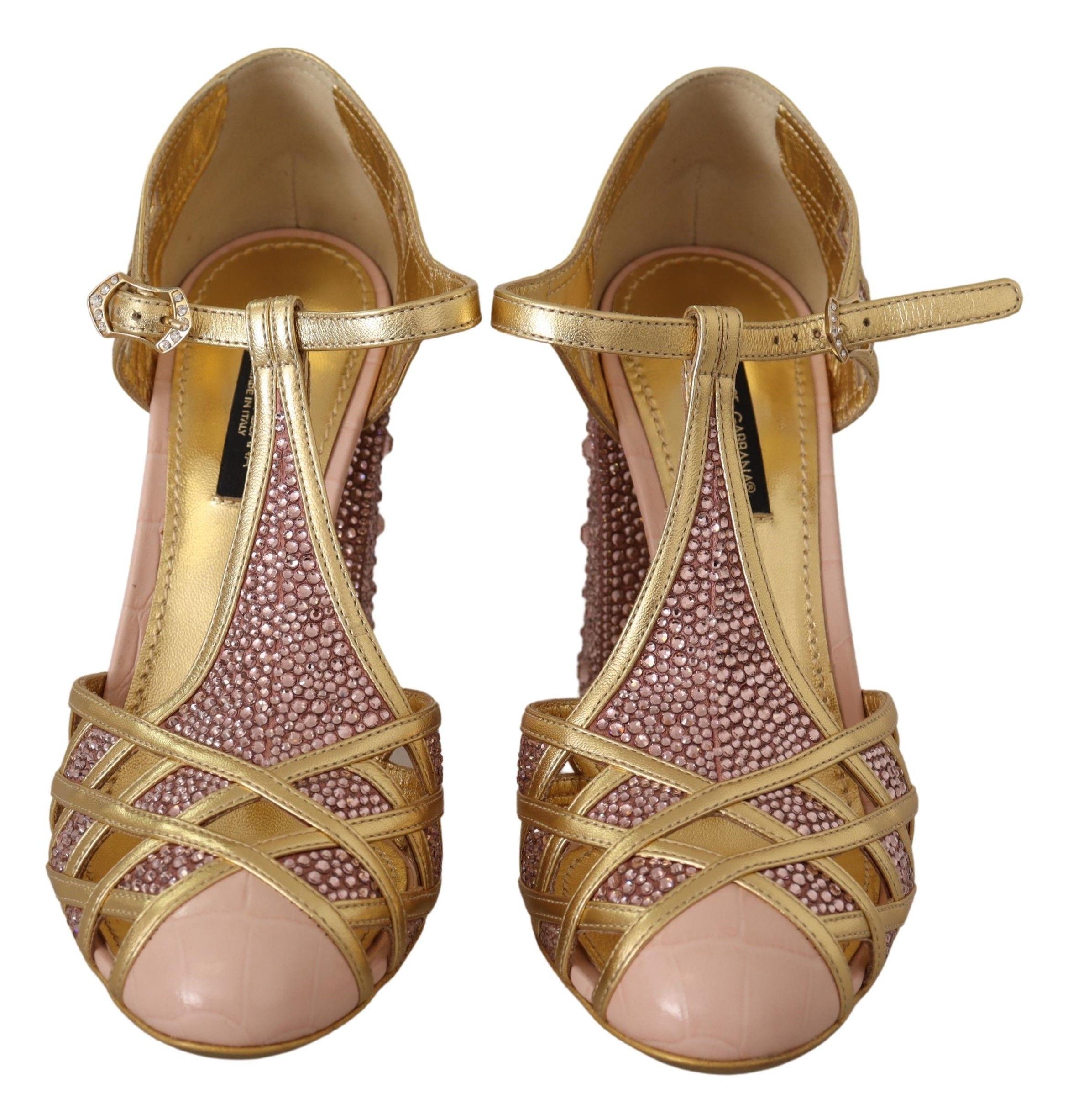 Dolce & Gabbana Pumps aus roségoldenem Leder mit Kristallen und T-Spange