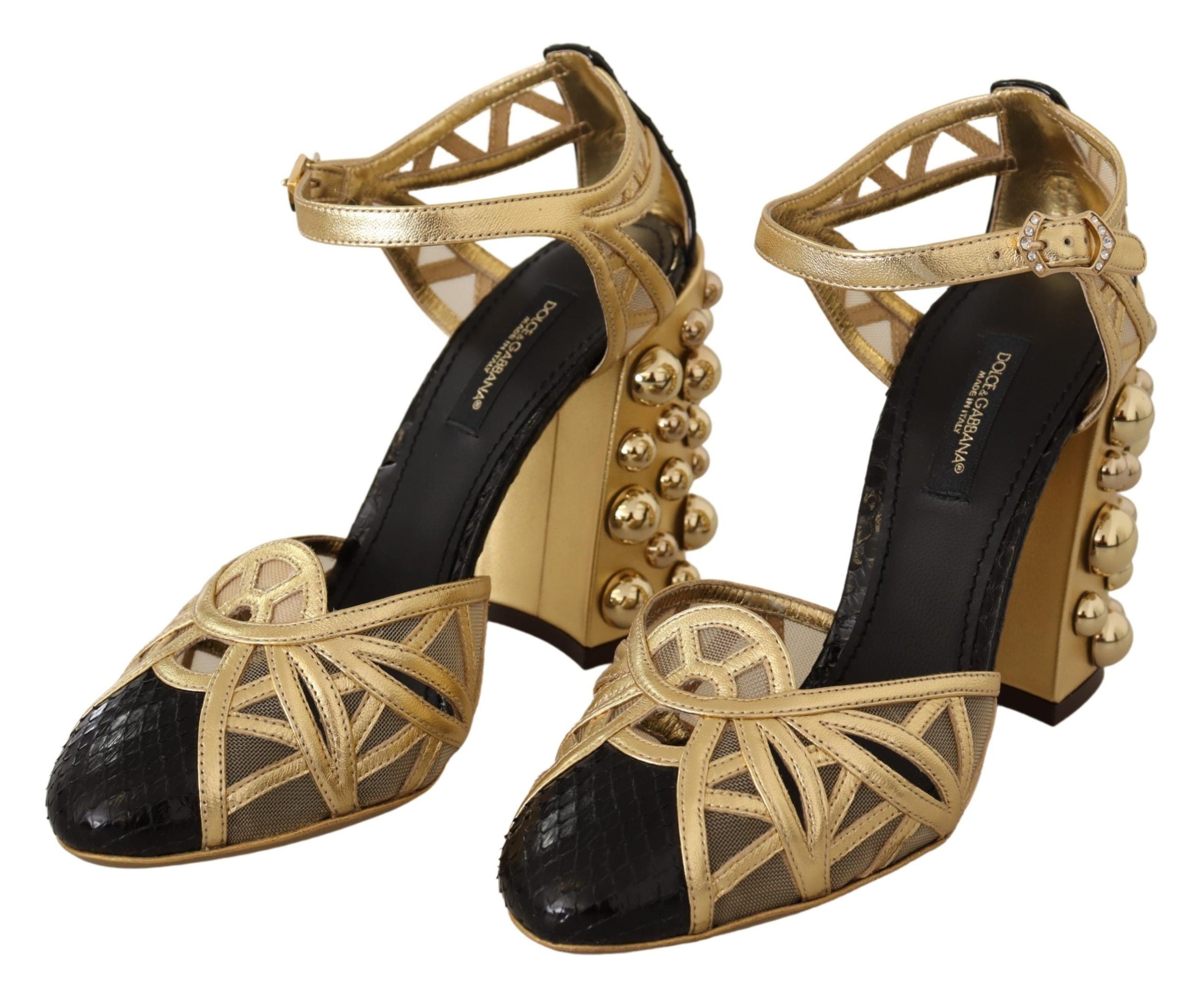 Dolce & Gabbana Schwarze goldene Leder-Riemchensandaletten mit Nieten