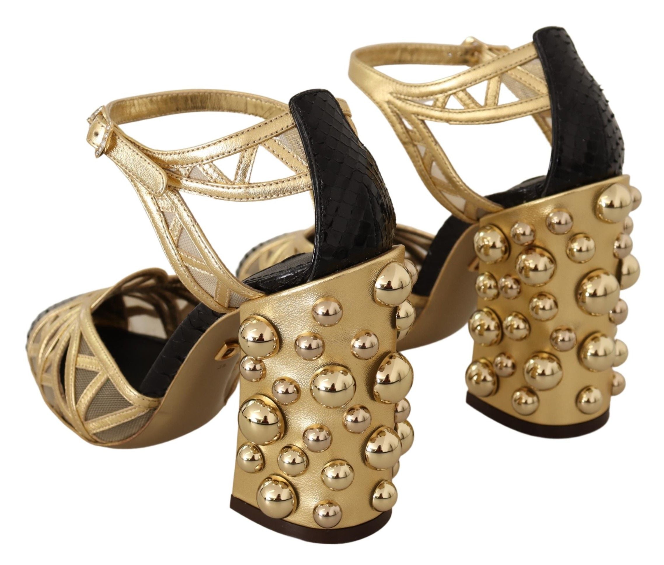 Dolce & Gabbana Schwarze goldene Leder-Riemchensandaletten mit Nieten