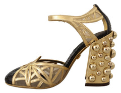 Dolce & Gabbana Schwarze goldene Leder-Riemchensandaletten mit Nieten