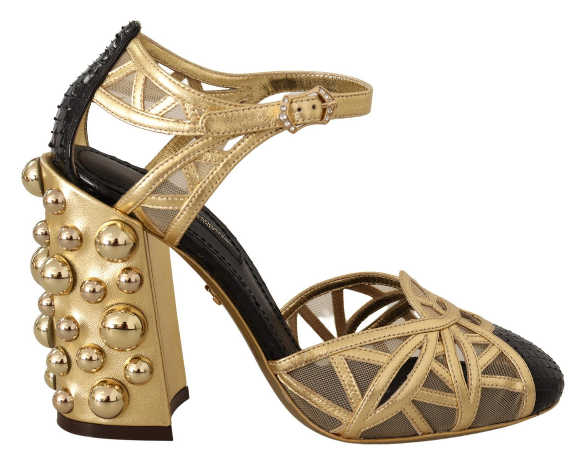 Dolce & Gabbana Schwarze goldene Leder-Riemchensandaletten mit Nieten