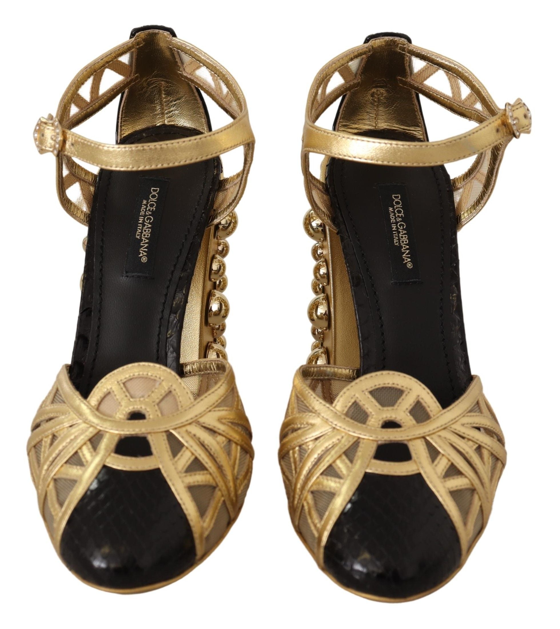 Dolce & Gabbana Schwarze goldene Leder-Riemchensandaletten mit Nieten