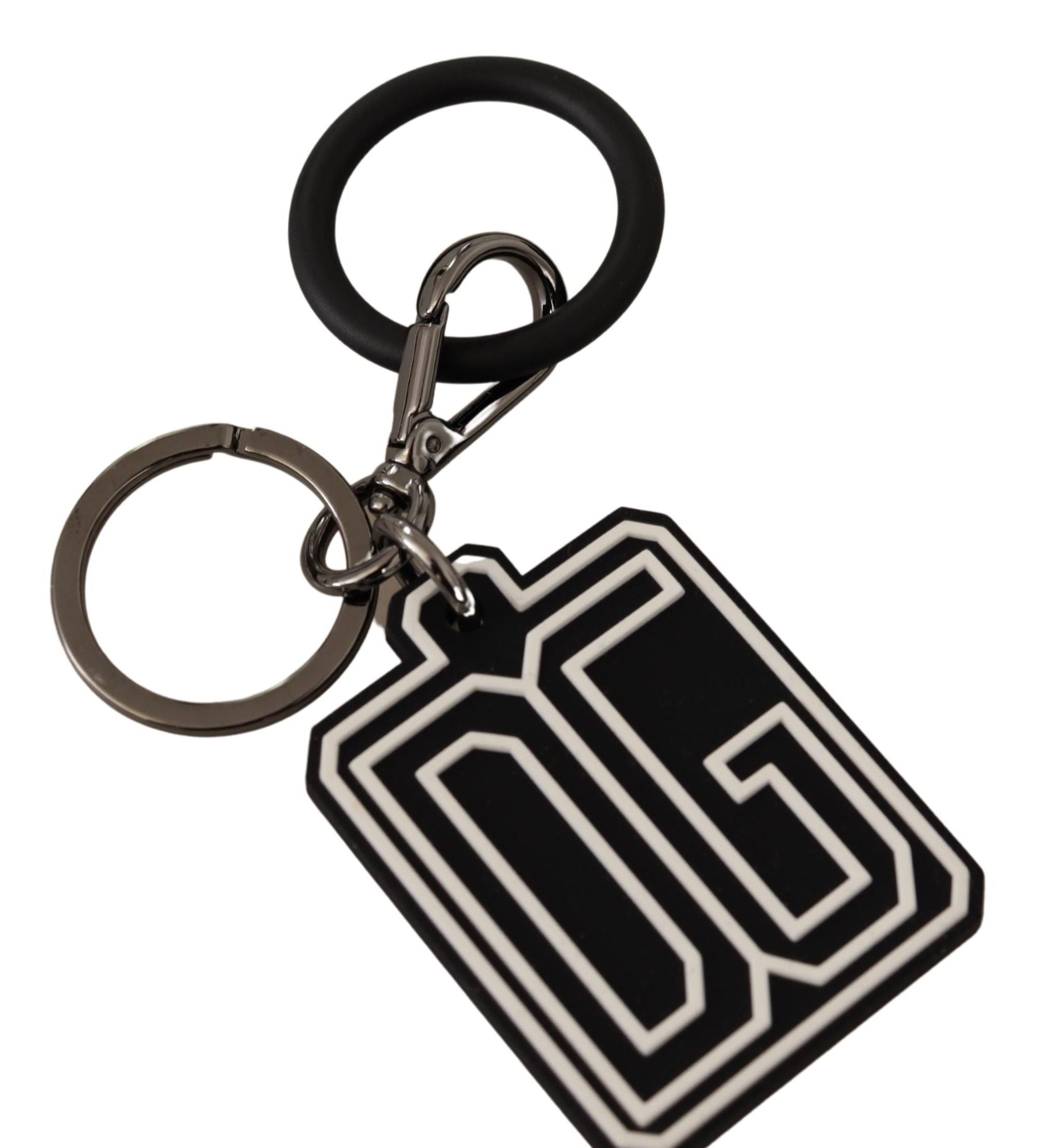 Dolce & Gabbana Schlüsselanhänger mit schwarz-weißem DG-Gummi-Logo und silbernem Ring