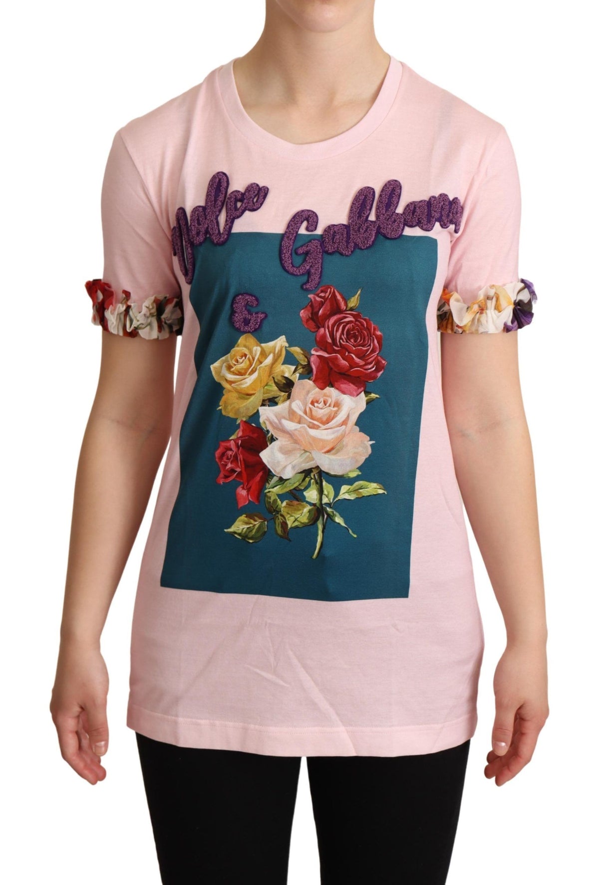 Dolce & Gabbana Rosa Baumwoll-T-Shirt mit Blumen und Rosen, Rundhalsausschnitt