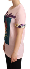 Dolce & Gabbana Rosa Baumwoll-T-Shirt mit Blumen und Rosen, Rundhalsausschnitt