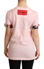 Dolce & Gabbana Rosa Baumwoll-T-Shirt mit Blumen und Rosen, Rundhalsausschnitt