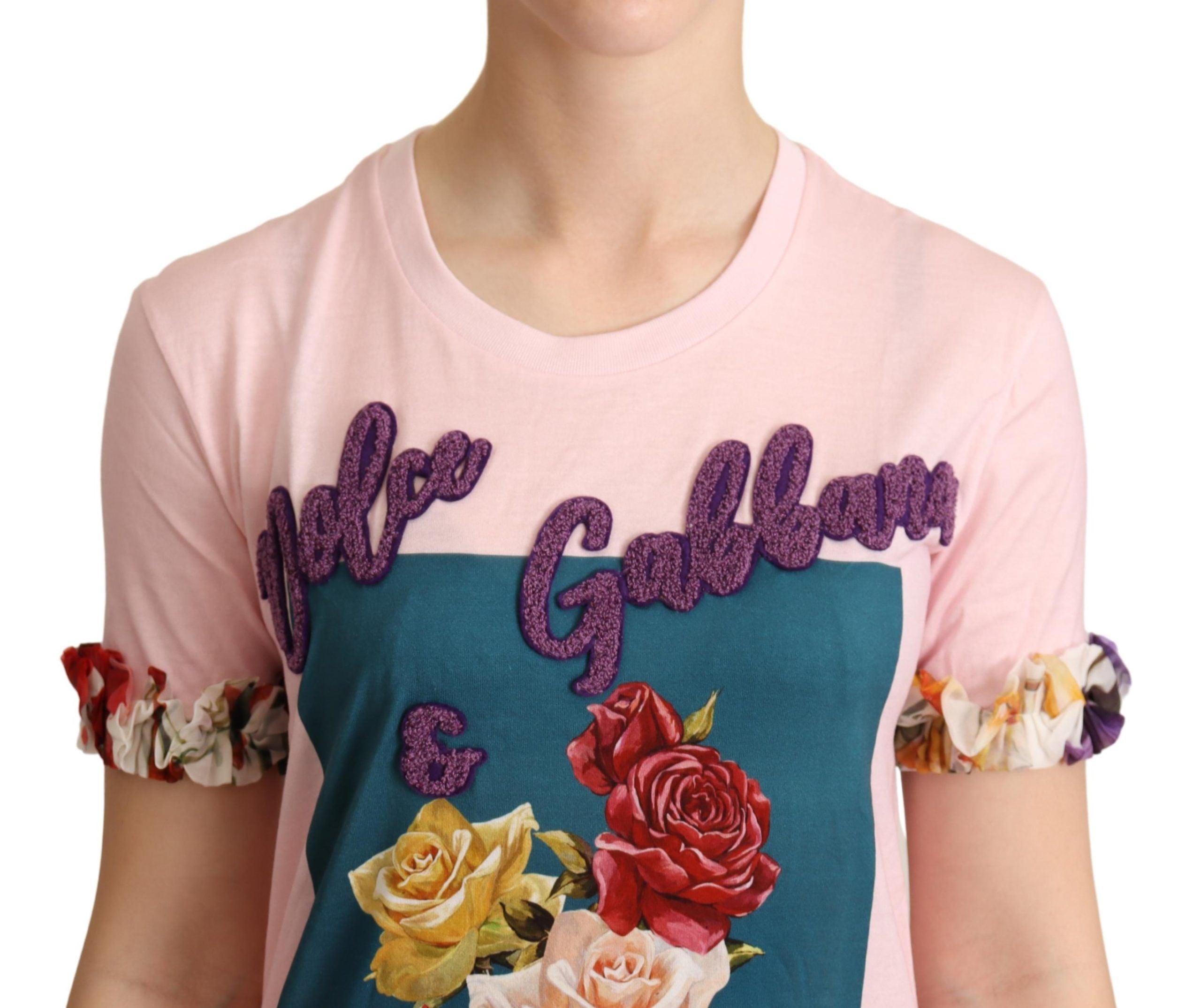 Dolce & Gabbana Rosa Baumwoll-T-Shirt mit Blumen und Rosen, Rundhalsausschnitt