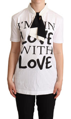 Dolce & Gabbana T-Shirt aus weißem Baumwoll-Seiden-Gemisch mit Ascot-Kragen