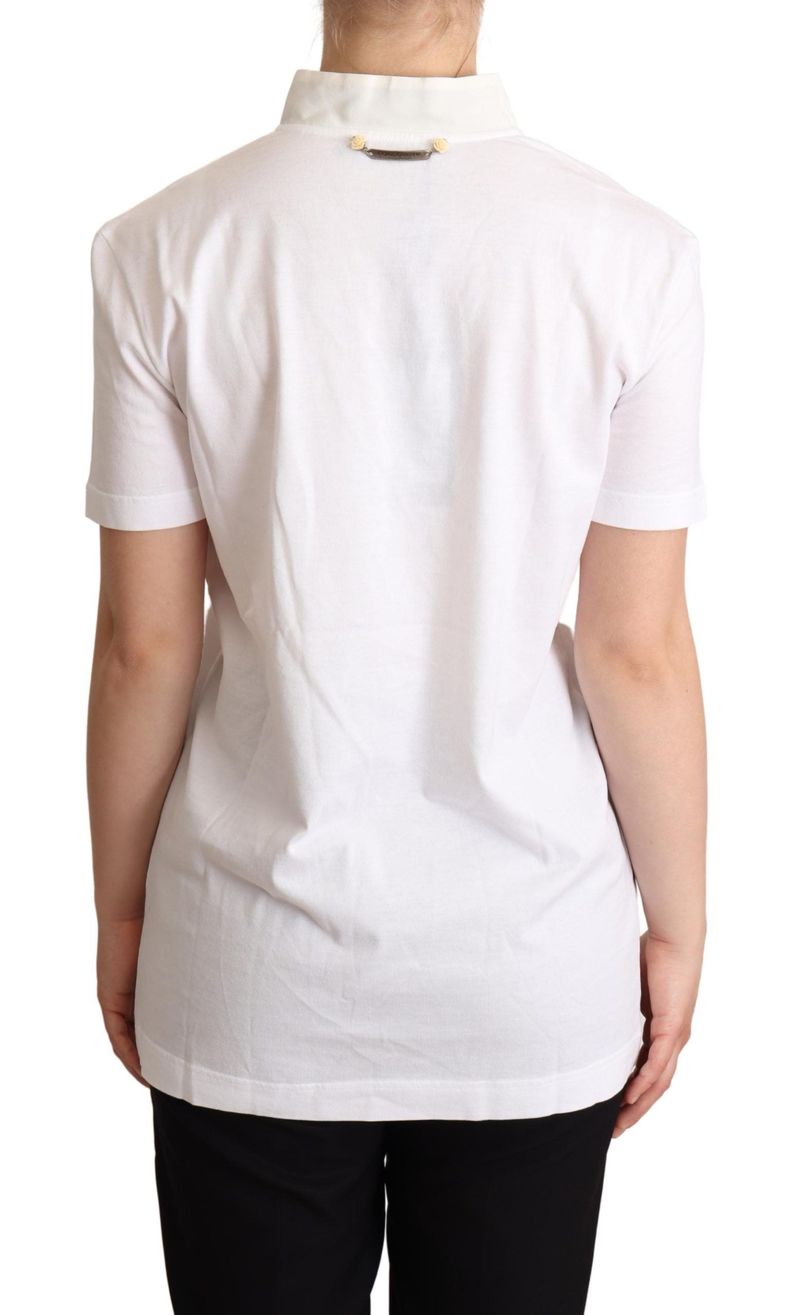 Dolce & Gabbana T-Shirt aus weißem Baumwoll-Seiden-Gemisch mit Ascot-Kragen