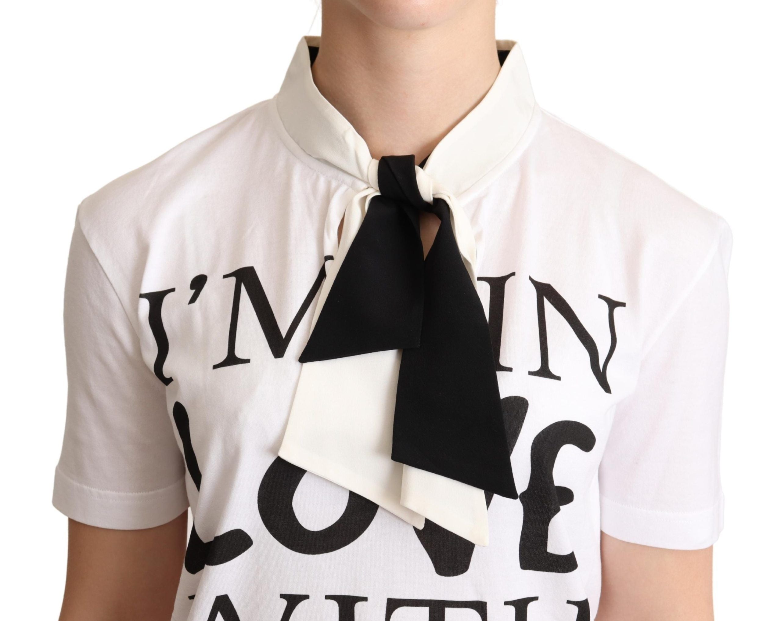 Dolce & Gabbana T-Shirt aus weißem Baumwoll-Seiden-Gemisch mit Ascot-Kragen