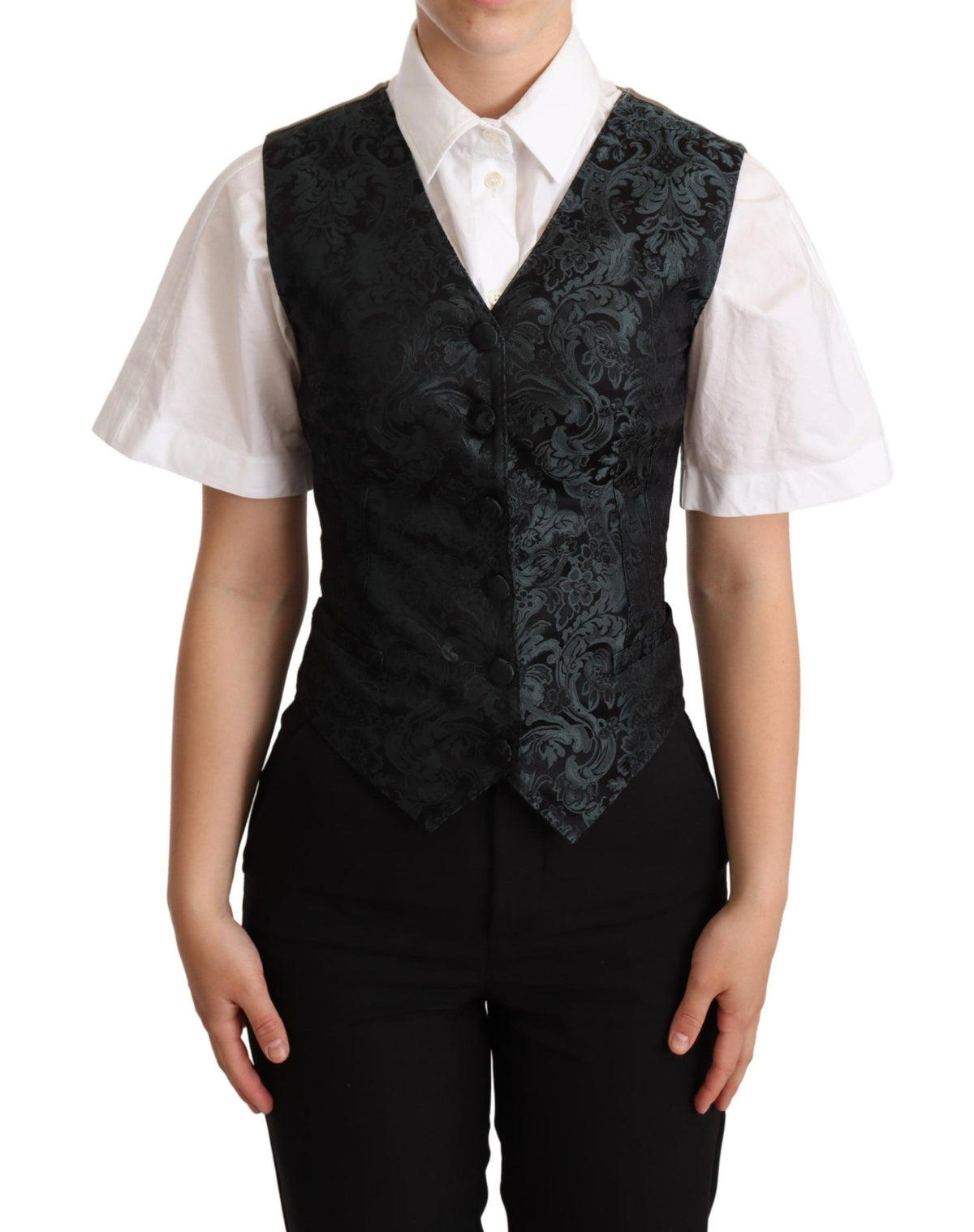 Dolce & Gabbana Schwarze Jacquard-Blumen-Westenweste Grün