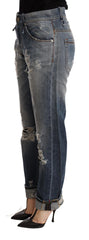 Acht blauwe gehavende mid waist rechte denim broek