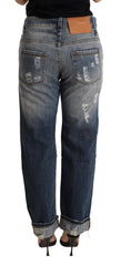 Acht blauwe gehavende mid waist rechte denim broek