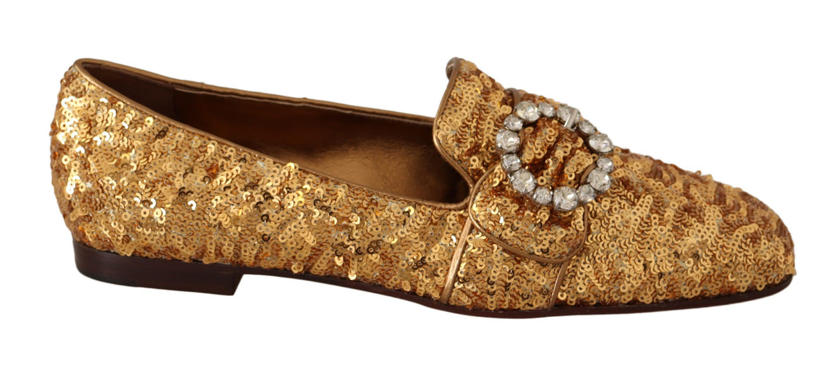 Dolce & Gabbana Gold Pailletten Kristall Flache Damen Loafer Schuhe