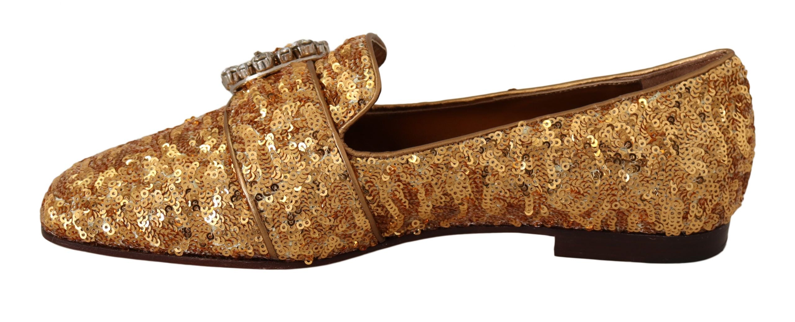 Dolce & Gabbana Gold Pailletten Kristall Flache Damen Loafer Schuhe