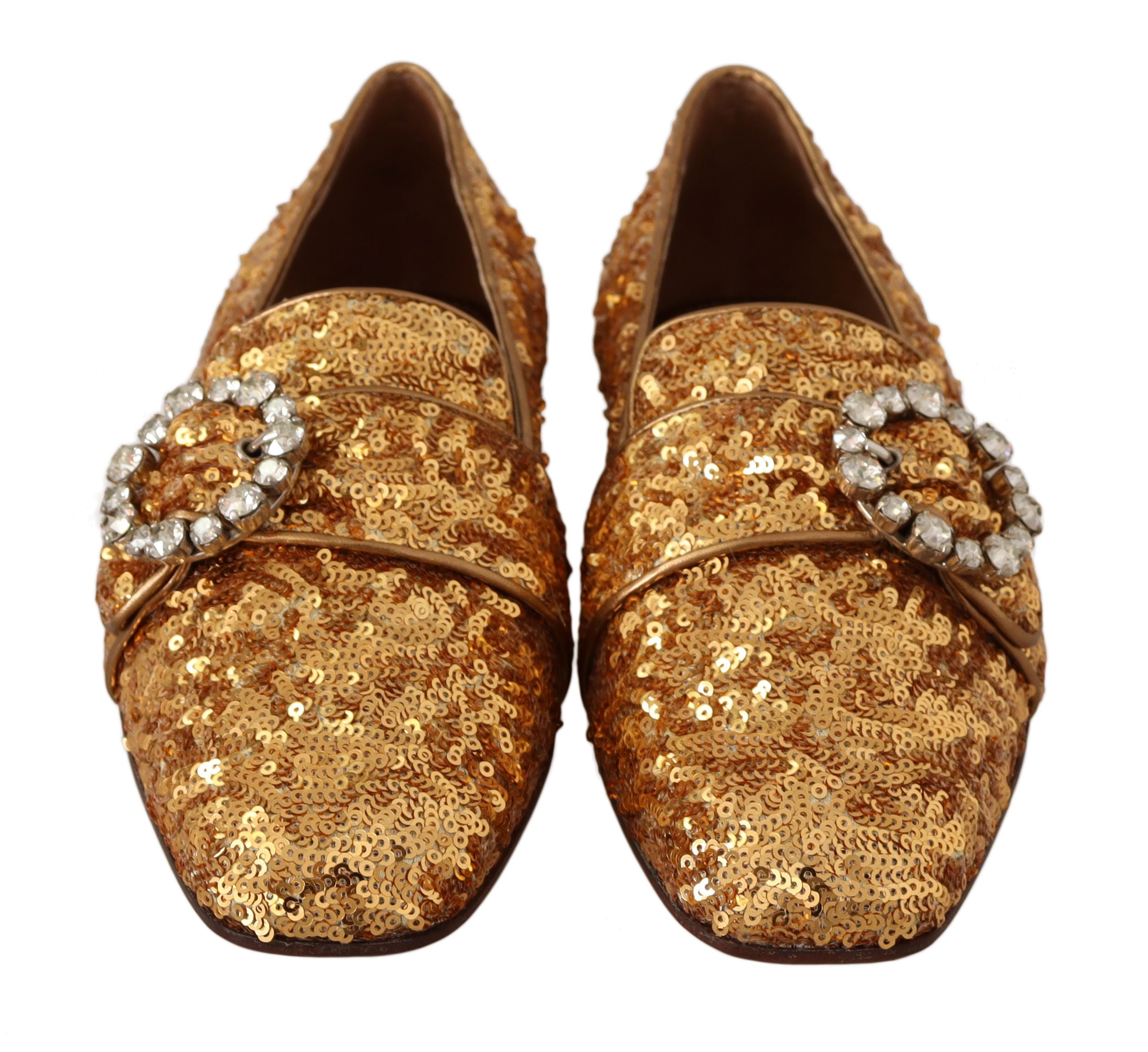 Dolce & Gabbana Gold Pailletten Kristall Flache Damen Loafer Schuhe