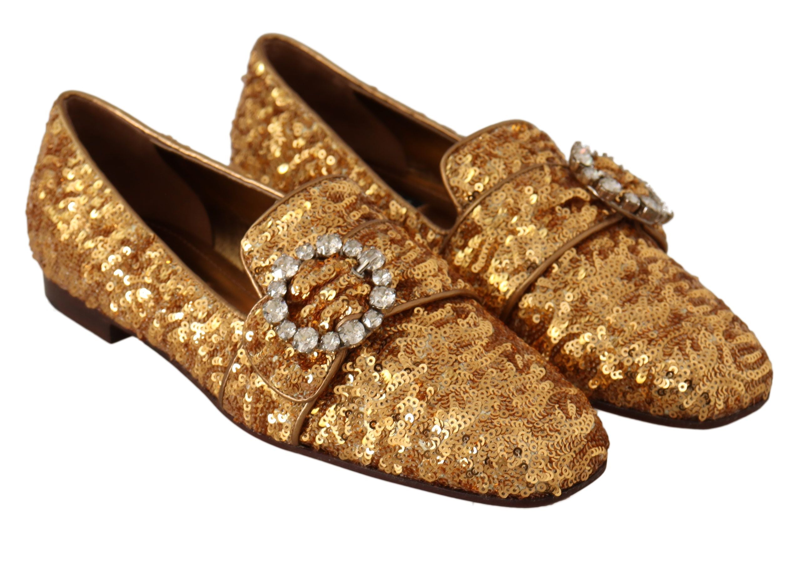 Dolce & Gabbana Gold Pailletten Kristall Flache Damen Loafer Schuhe
