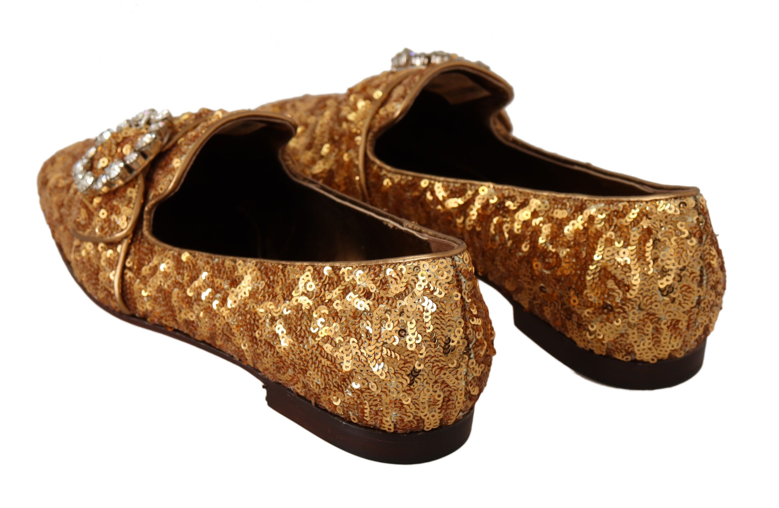 Dolce & Gabbana Gold Pailletten Kristall Flache Damen Loafer Schuhe