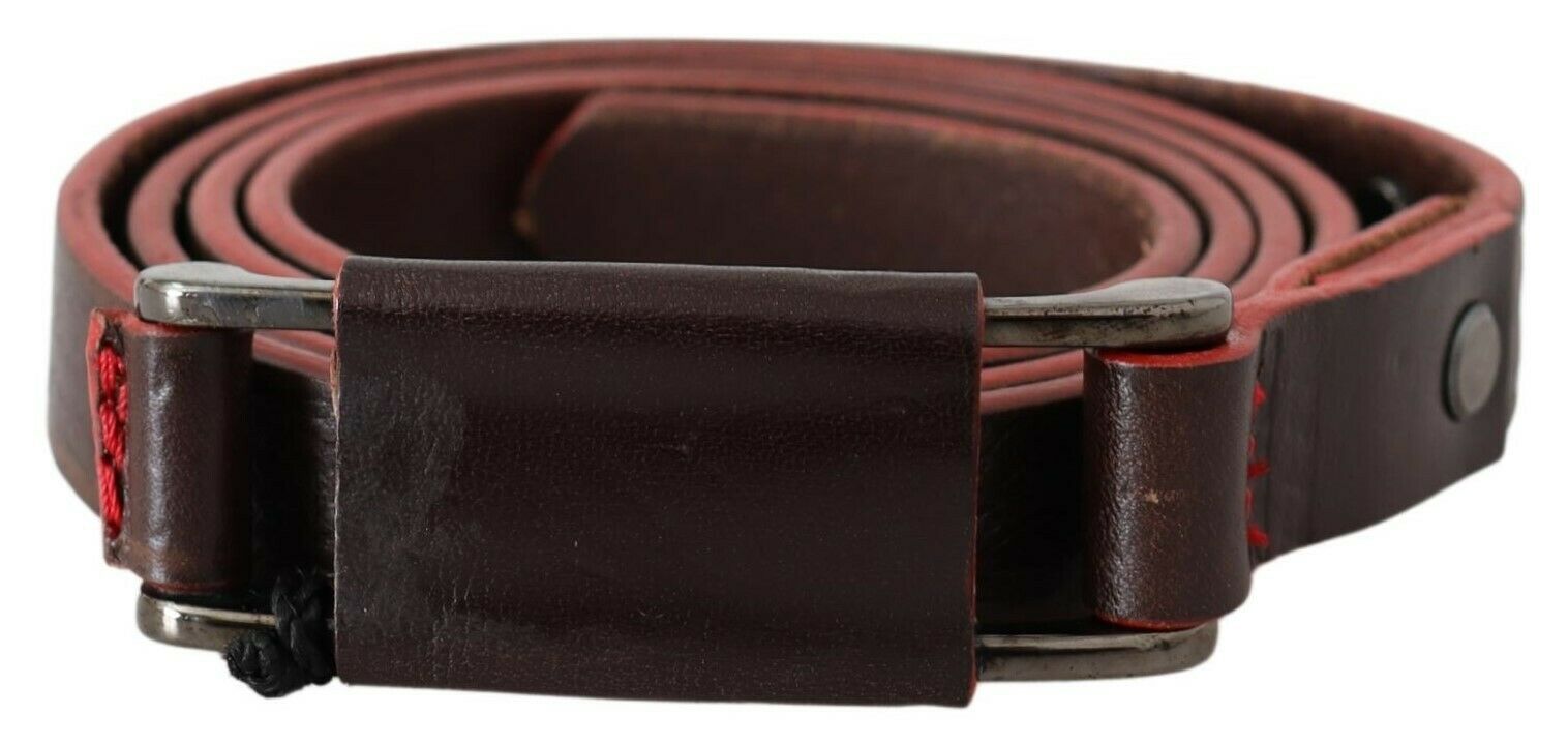 Costume National Bruin Lederen Dubbele Rustieke Zilveren Gesp Riem