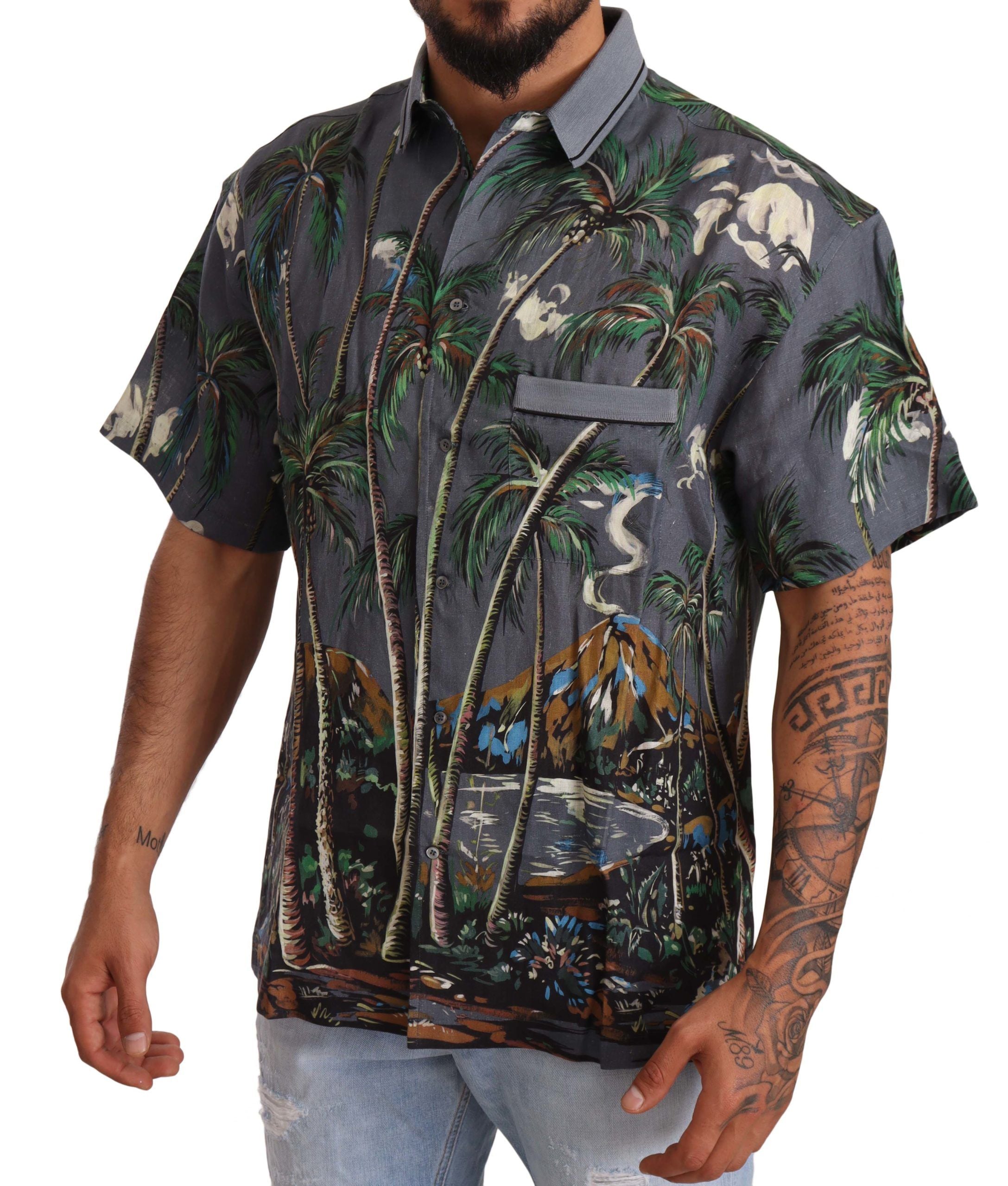 Dolce & Gabbana Graues Leinenhemd mit tropischem Print und Kragen