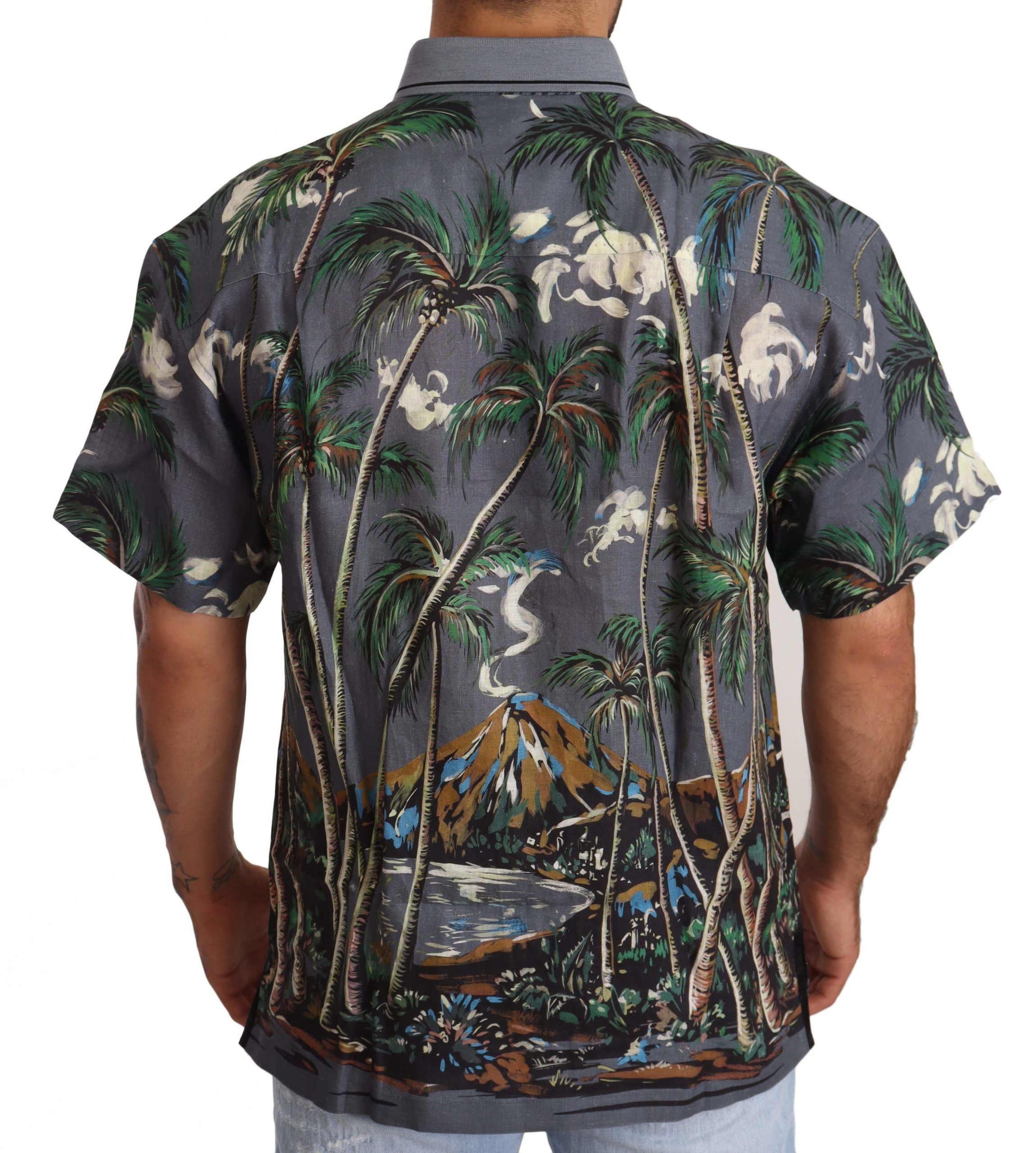 Dolce & Gabbana Graues Leinenhemd mit tropischem Print und Kragen
