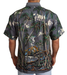 Dolce & Gabbana Graues Leinenhemd mit tropischem Print und Kragen
