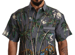 Dolce & Gabbana Graues Leinenhemd mit tropischem Print und Kragen