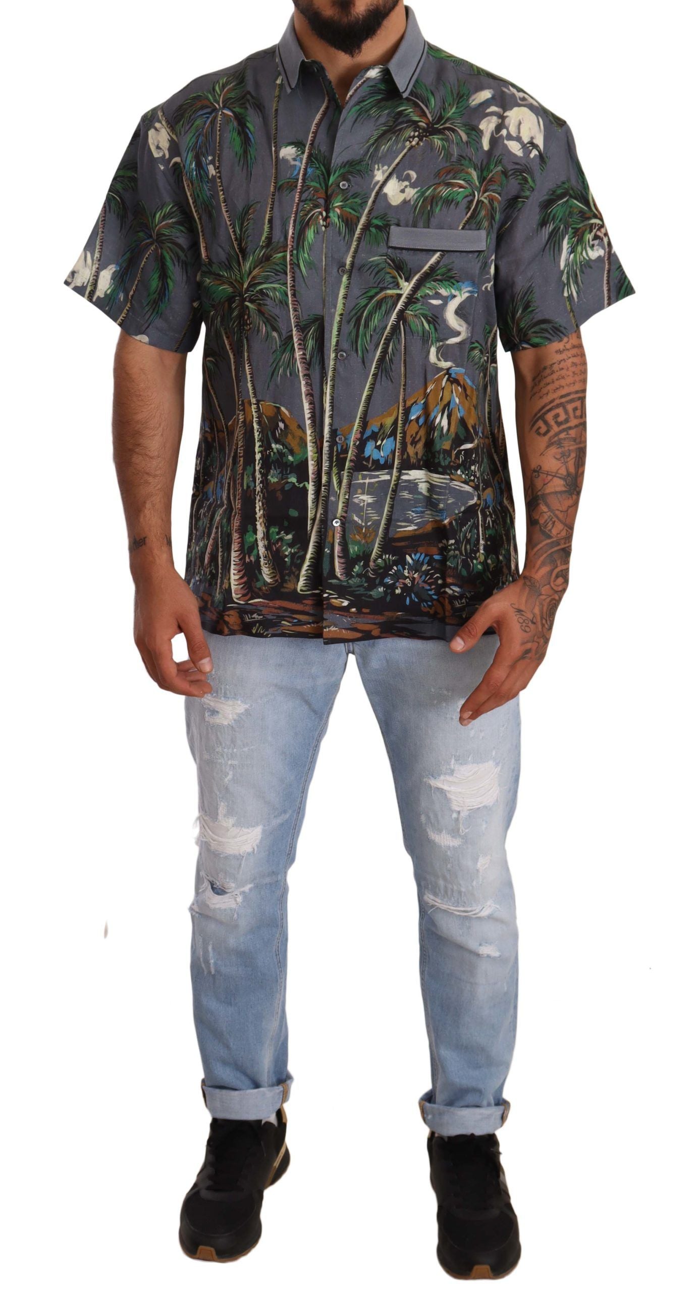Dolce & Gabbana Graues Leinenhemd mit tropischem Print und Kragen