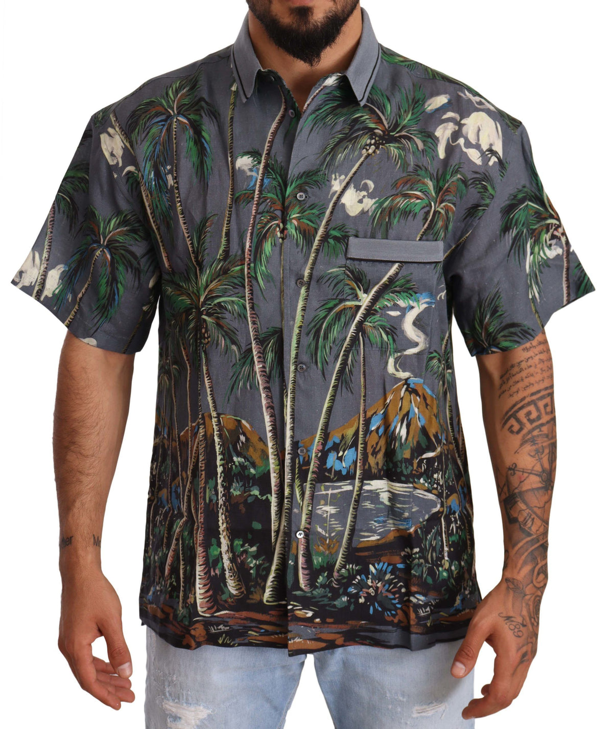 Dolce & Gabbana Graues Leinenhemd mit tropischem Print und Kragen
