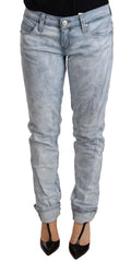 Acht Lichtblauwe Washed Katoenen Denim Broek met Gevouwen Zoom