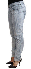 Acht Lichtblauwe Washed Katoenen Denim Broek met Gevouwen Zoom