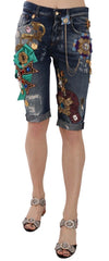 Dolce & Gabbana Blaue Jeans Capri-Shorts mit mittlerer Taille und Kristallen