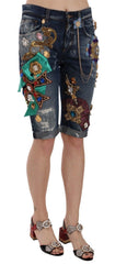 Dolce & Gabbana Blaue Jeans Capri-Shorts mit mittlerer Taille und Kristallen