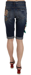 Dolce & Gabbana Blaue Jeans Capri-Shorts mit mittlerer Taille und Kristallen